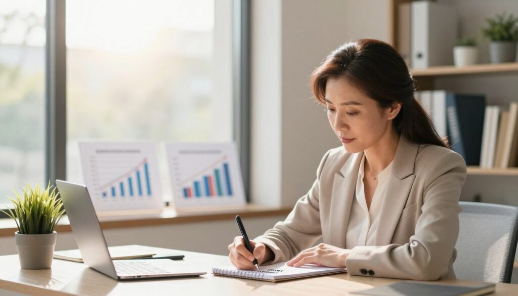 A serene office environment with a large window revealing a bright, sunny day outside. In the foreground, a professional, middle-aged woman in modest business attire is seated at a desk, deeply engaged in writing affirmations about wealth on a notepad. She has a thoughtful expression, reflecting a mindset focused on financial growth. In the middle ground, inspirational financial charts and a small potted plant symbolize growth and abundance. The background features a soft-focus bookshelf filled with finance books and motivational decor, creating a sense of wisdom and aspiration. The lighting is warm and inviting, with gentle sunlight illuminating the space, conveying a mood of optimism and positivity in building healthy financial beliefs.
