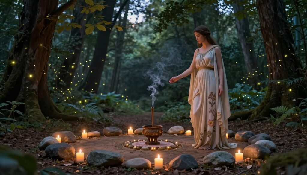 A serene ritual scene set within a lush, ethereal forest at dusk. In the foreground, a figure representing the goddess Venus, dressed in flowing, elegant robes adorned with floral motifs, stands gracefully by an incense burner emitting delicate wisps of fragrant smoke. Their expression is one of calm concentration, embodying the essence of love and connection. In the middle ground, a circle of intricately arranged stones and glowing candles create a sanctified space for the ritual, while gentle fireflies illuminate the surroundings. The background features towering, ancient trees, their leaves shimmering softly in the twilight. A soft, warm light envelops the scene, conveying a magical and tranquil atmosphere, ideal for invoking feelings of love and commitment.