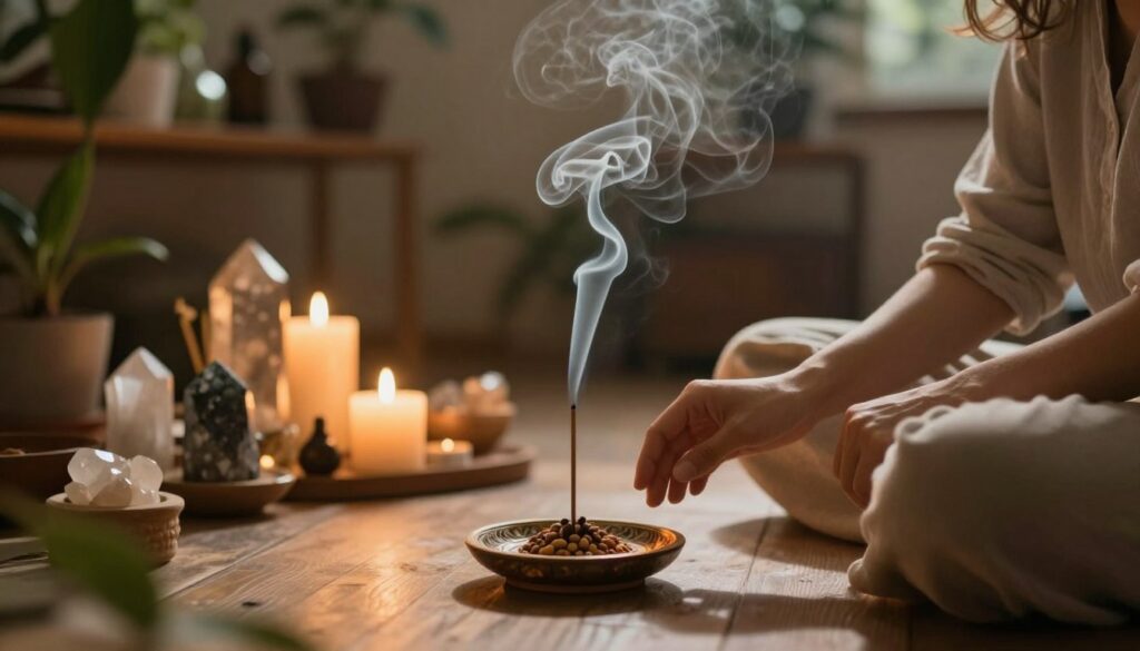 A serene room filled with soft, swirling smoke as a person performs a cleansing ritual, wearing modest casual clothing. In the foreground, the smoke gently rises from an intricately designed incense holder, reflecting the soothing colors of amber and sage. The middle ground features a small altar adorned with crystals and candles emitting a warm glow, creating an inviting atmosphere. In the background, softly blurred shelves lined with plants enhance the sense of tranquility. The lighting is warm and diffused, casting gentle shadows that accentuate the calming effect of the scene. The overall mood is peaceful and reflective, inviting the viewer to contemplate the release of negative energy through sound and smoke.