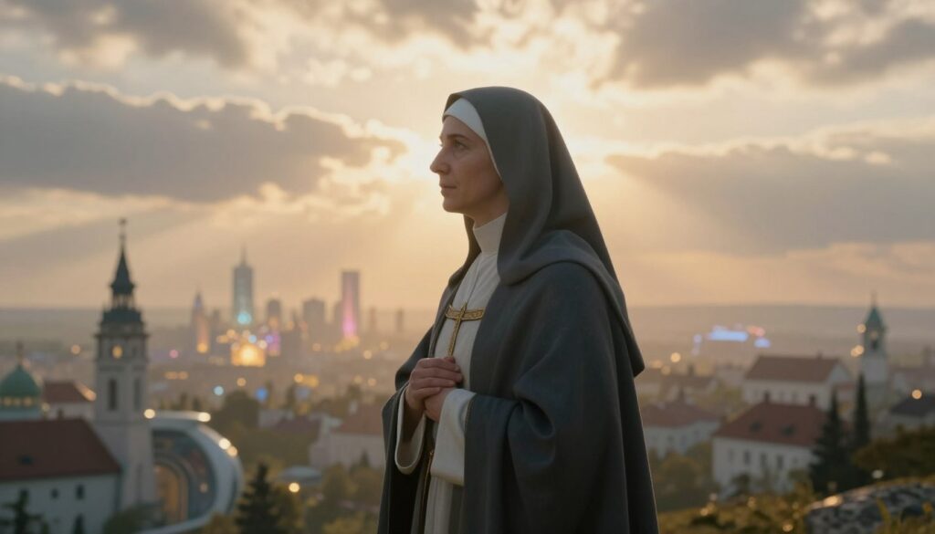 A serene scene depicting Sister Lucia of Fatima, dressed in modest attire, standing contemplatively in the foreground. Her expression conveys deep reflection and wisdom as she gazes towards a distant horizon filled with ethereal, luminous cities representing hope and prophecy. In the mid-ground, hints of futuristic architecture blend with traditional Polish elements, symbolizing cultural continuity amidst global change. The background features soft, layered clouds and rays of golden light breaking through, illuminating the scene with an uplifting atmosphere. The composition should evoke a sense of calm and introspection, captured with a soft-focus lens to enhance the dreamlike quality of the moment. The lighting is warm, creating an inviting glow that suggests the power of faith and foresight.