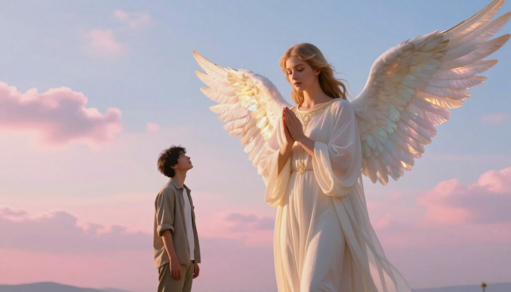 A serene scene depicting a comforting angel in a vibrant dream-like landscape. In the foreground, the angel, adorned in gentle flowing robes, radiates soft, golden light, with delicate wings that shimmer with ethereal colors. The angel’s expression is compassionate and wise, inviting connection. In the middle ground, a person, dressed in modest casual attire, gazes up in awe, conveying a sense of wonder and reverence. The background features a tranquil sky blending pastel hues of pink and blue, interspersed with soft, fluffy clouds. Filtered sunlight breaks through, creating an uplifting atmosphere. The overall mood is peaceful and inspirational, evoking a sense of hope and spiritual connection, as if the viewer is witnessing a pivotal encounter. A serene scene depicting a comforting angel in a vibrant dream-like landscape. In the foreground, the angel, adorned in gentle flowing robes, radiates soft, golden light, with delicate wings that shimmer with ethereal colors. The angel’s expression is compassionate and wise, inviting connection. In the middle ground, a person, dressed in modest casual attire, gazes up in awe, conveying a sense of wonder and reverence. The background features a tranquil sky blending pastel hues of pink and blue, interspersed with soft, fluffy clouds. Filtered sunlight breaks through, creating an uplifting atmosphere. The overall mood is peaceful and inspirational, evoking a sense of hope and spiritual connection, as if the viewer is witnessing a pivotal encounter.