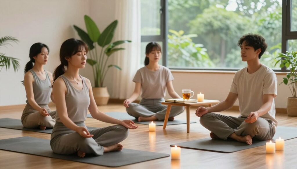 A serene scene depicting a peaceful morning routine focused on health affirmations. In the foreground, a diverse group of three individuals in modest casual clothing sits comfortably on yoga mats, each person engaged in a meditation practice. They are surrounded by soft, glowing candlelight that casts gentle reflections. In the middle ground, vibrant indoor plants and a small table with a journal and herbal tea create a warm and inviting atmosphere. The background features a sunlit window with a view of lush greenery outside, enhancing the feeling of tranquility and wellbeing. The lighting is soft and warm, evoking a sense of calm and positivity, perfect for conveying the essence of daily health affirmations. A serene scene depicting a peaceful morning routine focused on health affirmations. In the foreground, a diverse group of three individuals in modest casual clothing sits comfortably on yoga mats, each person engaged in a meditation practice. They are surrounded by soft, glowing candlelight that casts gentle reflections. In the middle ground, vibrant indoor plants and a small table with a journal and herbal tea create a warm and inviting atmosphere. The background features a sunlit window with a view of lush greenery outside, enhancing the feeling of tranquility and wellbeing. The lighting is soft and warm, evoking a sense of calm and positivity, perfect for conveying the essence of daily health affirmations.