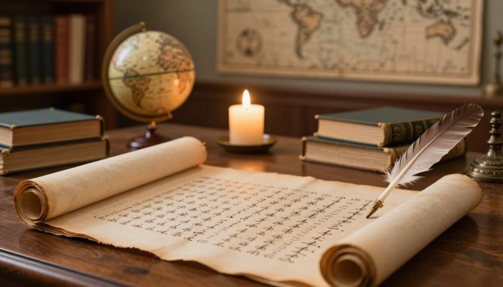 A serene scene depicting the historical roots of affirmation practices. In the foreground, an ancient scroll unfurled on a polished wooden table, revealing beautifully written affirmations in elegant calligraphy. A feather quill is placed beside it, emphasizing a scholarly ambiance. In the middle background, a softly glowing candle illuminates the scroll, casting warm light that creates gentle shadows. Surrounding the candle are small artifacts like a globe and old books, symbolizing the wisdom of past civilizations. The background features a tastefully decorated study room, with shelves filled with classic literature and a vintage world map on the wall, evoking a sense of history and contemplation. The overall mood is calm, inviting exploration into the practice's origins, with a soft focus lens effect to enhance the vintage feel, capturing the essence of learning and reflection. A serene scene depicting the historical roots of affirmation practices. In the foreground, an ancient scroll unfurled on a polished wooden table, revealing beautifully written affirmations in elegant calligraphy. A feather quill is placed beside it, emphasizing a scholarly ambiance. In the middle background, a softly glowing candle illuminates the scroll, casting warm light that creates gentle shadows. Surrounding the candle are small artifacts like a globe and old books, symbolizing the wisdom of past civilizations. The background features a tastefully decorated study room, with shelves filled with classic literature and a vintage world map on the wall, evoking a sense of history and contemplation. The overall mood is calm, inviting exploration into the practice's origins, with a soft focus lens effect to enhance the vintage feel, capturing the essence of learning and reflection.