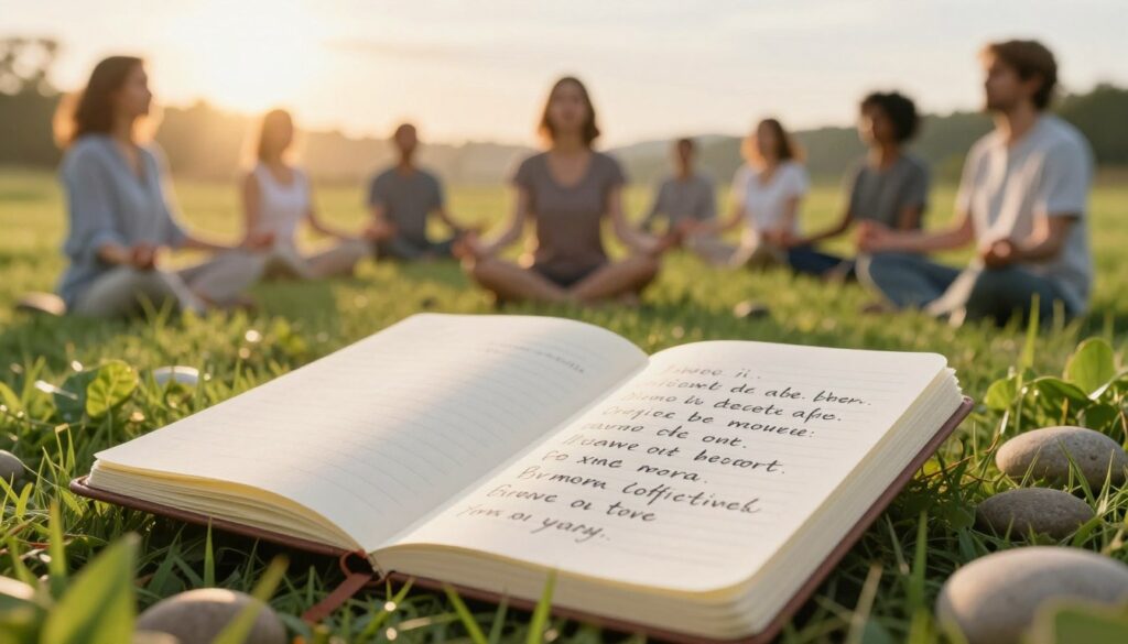 A serene scene depicting the influence of affirmations on the mind. In the foreground, an elegantly designed open notebook with beautifully handwritten affirmations in a calming handwriting style, surrounded by soft, green foliage and gentle stones. In the middle ground, a soft-focus image of a diverse group of individuals, dressed in modest casual clothing, practicing mindfulness, sitting cross-legged on a lush, green meadow, their faces reflecting peace and hope. The background features a soft sunrise, casting warm, golden light, symbolizing new beginnings and healing. The overall atmosphere should evoke a sense of tranquility, warmth, and emotional support, emphasizing the transformative power of positive words. The image should be bright and uplifting, capturing the essence of psychological healing through affirmations. A serene scene depicting the influence of affirmations on the mind. In the foreground, an elegantly designed open notebook with beautifully handwritten affirmations in a calming handwriting style, surrounded by soft, green foliage and gentle stones. In the middle ground, a soft-focus image of a diverse group of individuals, dressed in modest casual clothing, practicing mindfulness, sitting cross-legged on a lush, green meadow, their faces reflecting peace and hope. The background features a soft sunrise, casting warm, golden light, symbolizing new beginnings and healing. The overall atmosphere should evoke a sense of tranquility, warmth, and emotional support, emphasizing the transformative power of positive words. The image should be bright and uplifting, capturing the essence of psychological healing through affirmations.