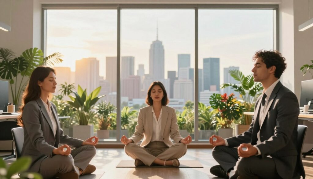 A serene scene illustrating the concept of abundance through visualization. In the foreground, a diverse group of three individuals dressed in professional business attire sits comfortably in a well-lit modern office, meditating with focused expressions as they visualize their goals. In the middle ground, a large window reveals a panoramic city skyline bathed in warm golden sunlight, symbolizing opportunities and growth. The background features vibrant greenery and plants that evoke a sense of prosperity and wealth. The atmosphere is calm and uplifting, enhanced by soft, diffused lighting that creates a peaceful ambiance. The lens captures the scene from a slight upward angle, emphasizing the individuals' calm demeanor and the bright, expansive view outside.