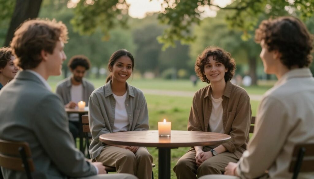 A serene scene illustrating the concept of “miłości” or love, featuring a diverse group of people engaged in a friendly discussion. In the foreground, two individuals, one in professional attire and the other in modest casual clothing, are smiling and listening to each other, embodying respect and mutual understanding. In the middle ground, a small, circular table is set with a gently flickering candle, symbolizing warmth and connection. The background offers a soft-focus view of a lush, green park with trees gently swaying in a light breeze, enhancing the peaceful atmosphere. The lighting is warm and inviting, as if captured during the golden hour, casting a soft glow on the participants. The overall mood is one of harmony, reflecting the idea of formulating intentions while respecting personal boundaries.