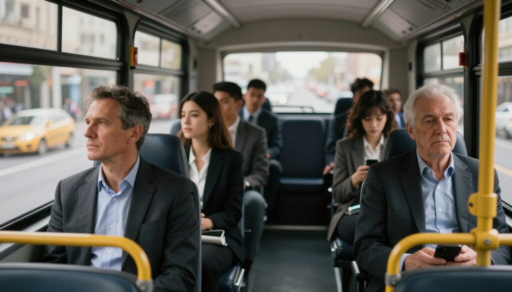 A serene scene inside a city bus, focusing on a diverse group of passengers in professional attire, seated and looking contemplative. The foreground features a middle-aged man gazing out of the window, lost in thought, while a young woman across from him checks her phone. The bus driver, an older gentleman with a calm expression, is visible in the driver's seat, capturing a sense of authority and control. The middle ground shows the interior of the bus with soft lighting, creating a warm, reflective atmosphere. Outside the window, blurred city scenery flows by, symbolizing the unpredictability of life’s journey. The overall mood is contemplative and introspective, inviting viewers to ponder the themes of travel and lack of control. A serene scene inside a city bus, focusing on a diverse group of passengers in professional attire, seated and looking contemplative. The foreground features a middle-aged man gazing out of the window, lost in thought, while a young woman across from him checks her phone. The bus driver, an older gentleman with a calm expression, is visible in the driver's seat, capturing a sense of authority and control. The middle ground shows the interior of the bus with soft lighting, creating a warm, reflective atmosphere. Outside the window, blurred city scenery flows by, symbolizing the unpredictability of life’s journey. The overall mood is contemplative and introspective, inviting viewers to ponder the themes of travel and lack of control.