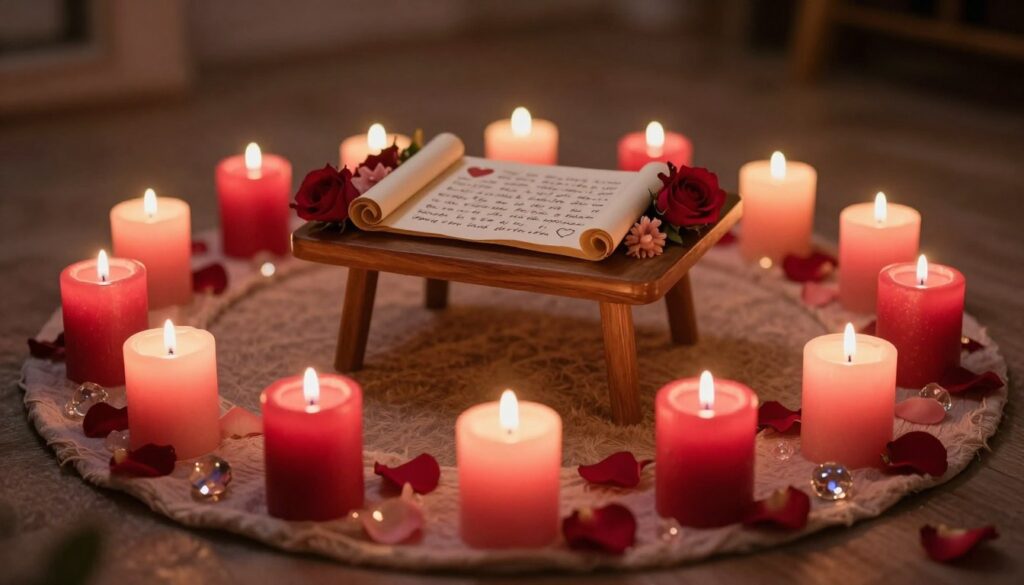 A serene setting for a love ritual featuring glowing candles. In the foreground, a circular arrangement of various candles, in shades of red and pink, flickering softly. Each candle is placed on delicate fabrics, adorned with rose petals and small crystals, creating an intimate space. In the middle, a small wooden table holds a beautifully handwritten scroll of intentions and symbols of love, surrounded by fresh flowers. The background is softly blurred to emphasize the candles, with warm, ambient light casting gentle shadows. The overall mood is calm and romantic, evoking feelings of connection and sacredness, perfect for a love ritual. The composition captures the essence of enchantment and intention in a cozy, intimate atmosphere.