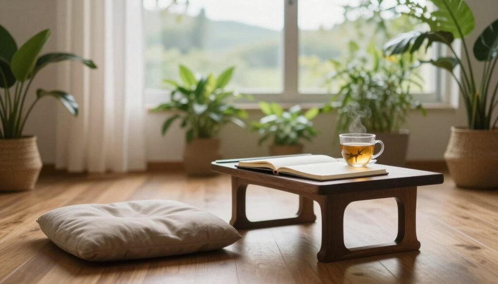 A serene, tranquil setting depicting a peaceful workspace designed for practicing alpha affirmations. In the foreground, a comfortable meditation cushion on a polished wooden floor surrounded by soft, ambient light. A small table holds an open journal and a calming cup of herbal tea, inviting reflection and focus. In the middle ground, lush green plants create a sense of nature, while soft, diffused window light flows in, enhancing the peaceful atmosphere. The background features a calming landscape visible through the window, suggesting tranquility and introspection. The scene conveys a mood of relaxation and mindfulness, ideal for the effective practice of affirmations in daily life, emphasizing clarity and calmness.
