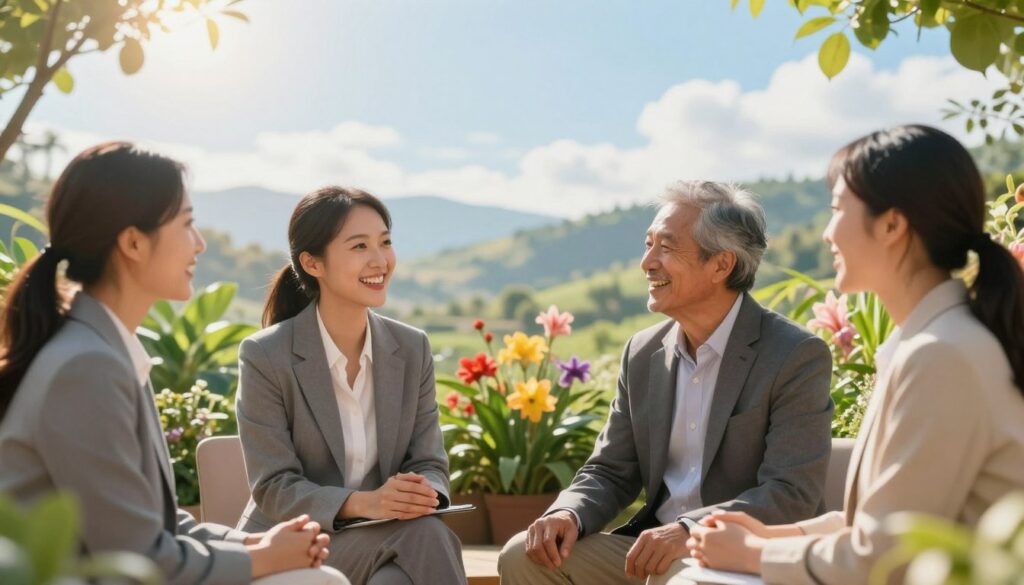 A serene, uplifting scene depicting the influence of positive thinking on body and mind. In the foreground, a diverse group of four people, wearing professional business attire, are engaged in a joyful discussion, their expressions radiating happiness and positivity. In the middle ground, vibrant plants and flowers symbolize health and vitality, with soft sunlight filtering through leaves. In the background, a tranquil landscape of rolling hills and a bright blue sky enhances the feeling of well-being. The lighting is soft and warm, creating an inviting atmosphere. The image should evoke a sense of harmony, empowerment, and the transformative effect of positive affirmations on physical and mental health. A serene, uplifting scene depicting the influence of positive thinking on body and mind. In the foreground, a diverse group of four people, wearing professional business attire, are engaged in a joyful discussion, their expressions radiating happiness and positivity. In the middle ground, vibrant plants and flowers symbolize health and vitality, with soft sunlight filtering through leaves. In the background, a tranquil landscape of rolling hills and a bright blue sky enhances the feeling of well-being. The lighting is soft and warm, creating an inviting atmosphere. The image should evoke a sense of harmony, empowerment, and the transformative effect of positive affirmations on physical and mental health.