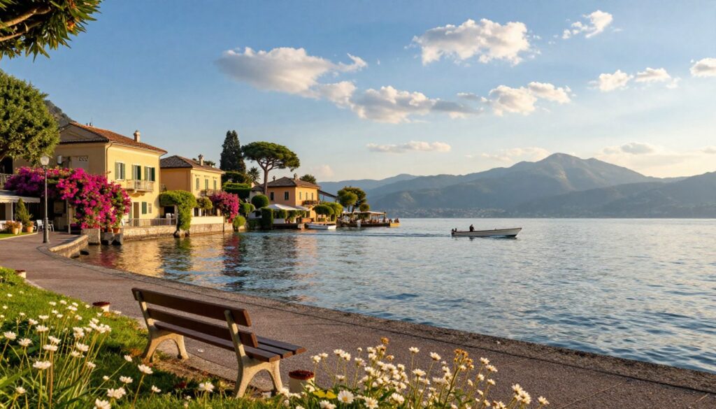 A serene view of Trevignano Romano, set against the tranquil waters of Lake Bracciano. In the foreground, a picturesque lakeside promenade, with delicate wildflowers and a rustic wooden bench inviting contemplation. The middle ground features charming Italian villas adorned with vibrant bougainvillea, while small boats gently bob on the lake's surface. The background showcases the rolling hills and distant mountains under a bright blue sky adorned with wispy clouds. Warm, golden sunlight filters through the scene, creating a peaceful atmosphere. The image captures a sense of spirituality and reflection, suggesting a connection to profound messages while maintaining a harmonious and inviting mood. The angle is slightly elevated to encompass both the lake and the enchanting architecture of the town.