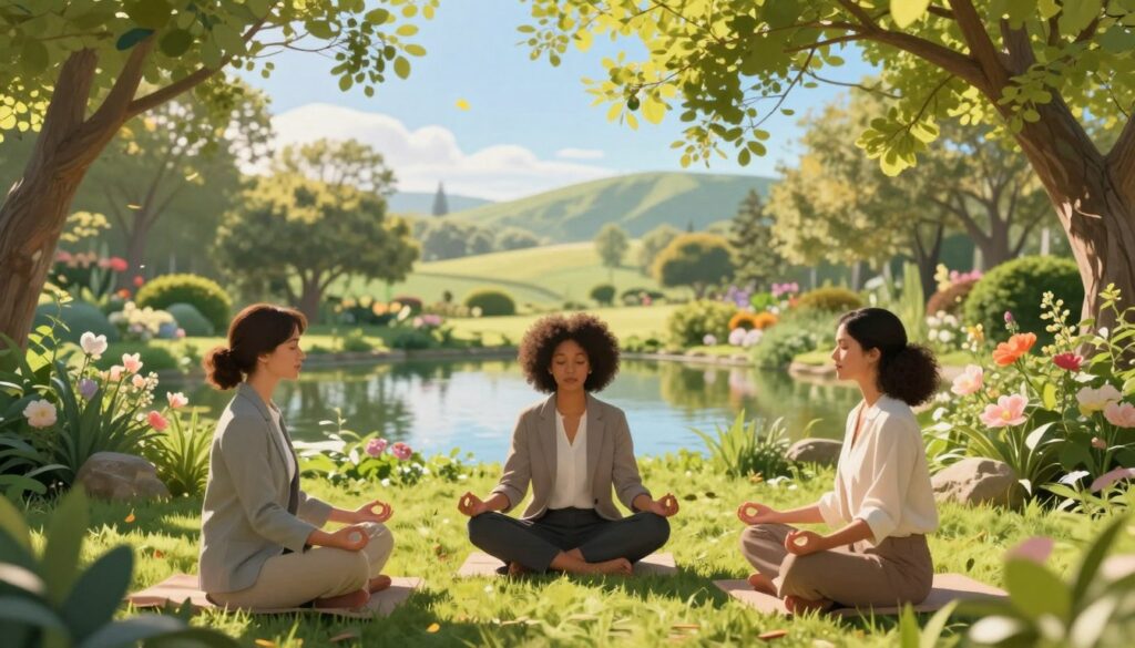 A serene visualization of health affirmations, featuring a tranquil garden scene. In the foreground, a diverse group of three individuals of varying ethnicities, dressed in modest, professional attire, are engaged in a meditative pose, their hands gently resting on their knees. They are surrounded by lush green plants and soft blooming flowers, symbolizing vitality and growth. The middle ground showcases a peaceful pond reflecting the blue sky, framed by vibrant trees. In the background, gentle hills fade into a soft-focus horizon. The lighting is warm and golden, evoking a sense of hope and calmness, while a soft breeze rustles the leaves, enhancing the atmosphere of tranquility and renewal. A serene visualization of health affirmations, featuring a tranquil garden scene. In the foreground, a diverse group of three individuals of varying ethnicities, dressed in modest, professional attire, are engaged in a meditative pose, their hands gently resting on their knees. They are surrounded by lush green plants and soft blooming flowers, symbolizing vitality and growth. The middle ground showcases a peaceful pond reflecting the blue sky, framed by vibrant trees. In the background, gentle hills fade into a soft-focus horizon. The lighting is warm and golden, evoking a sense of hope and calmness, while a soft breeze rustles the leaves, enhancing the atmosphere of tranquility and renewal.