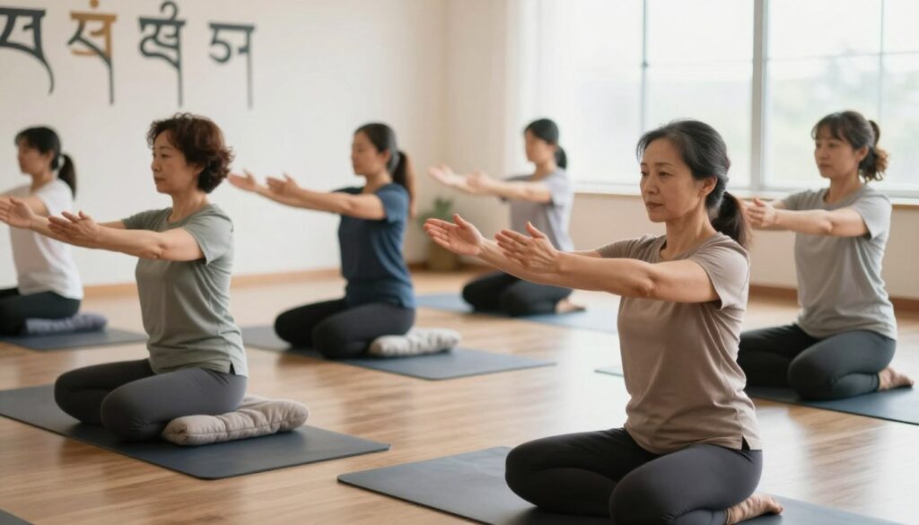 A serene, well-lit indoor space dedicated to wellness, featuring a diverse group of adults in professional, modest workout attire, engaged in the gentle practice of Tibetan five rites. In the foreground, a middle-aged woman demonstrates a posture emphasizing safety during exercise, showcasing proper body alignment and careful technique. In the middle, others perform variations of the rites, reflecting different levels of ability and care. The background displays calming elements, such as soft cushions, a wall adorned with Tibetan symbols, and natural light filtering through a window. The overall atmosphere is one of tranquility and mindfulness, capturing the essence of health and safety in physical practice, with soft, diffused lighting enhancing the peaceful mood. A serene, well-lit indoor space dedicated to wellness, featuring a diverse group of adults in professional, modest workout attire, engaged in the gentle practice of Tibetan five rites. In the foreground, a middle-aged woman demonstrates a posture emphasizing safety during exercise, showcasing proper body alignment and careful technique. In the middle, others perform variations of the rites, reflecting different levels of ability and care. The background displays calming elements, such as soft cushions, a wall adorned with Tibetan symbols, and natural light filtering through a window. The overall atmosphere is one of tranquility and mindfulness, capturing the essence of health and safety in physical practice, with soft, diffused lighting enhancing the peaceful mood.