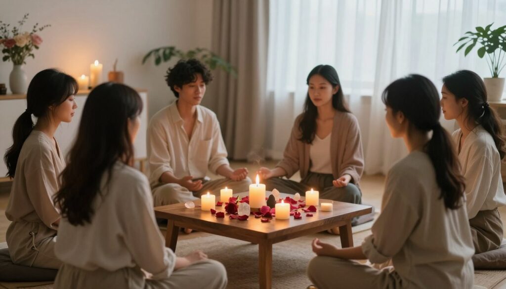 A serene, well-lit room designed for love rituals, featuring a small, low wooden table adorned with candles, rose petals, and crystals. In the foreground, a diverse group of individuals dressed in modest, casual clothing gather around the table, engaged in a shared, positive energy exchange. The middle ground showcases a gentle flame flickering from the candles, casting warm light across their faces. In the background, soft floral decorations and a window with sheer curtains let in soft, diffused natural light, creating a calming and inviting atmosphere. The overall mood is tranquil and focused, evoking the essence of connection, love, and spiritual practice. A serene, well-lit room designed for love rituals, featuring a small, low wooden table adorned with candles, rose petals, and crystals. In the foreground, a diverse group of individuals dressed in modest, casual clothing gather around the table, engaged in a shared, positive energy exchange. The middle ground showcases a gentle flame flickering from the candles, casting warm light across their faces. In the background, soft floral decorations and a window with sheer curtains let in soft, diffused natural light, creating a calming and inviting atmosphere. The overall mood is tranquil and focused, evoking the essence of connection, love, and spiritual practice.