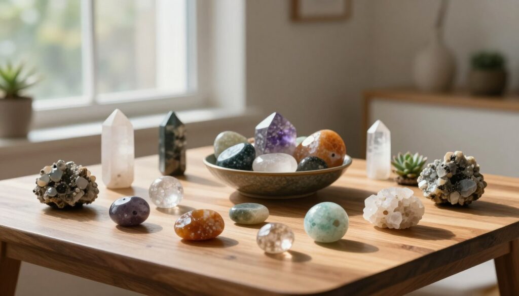 A serene workspace featuring a diverse collection of beautiful, polished crystals and minerals arranged artfully on a wooden table in the foreground. The scene is illuminated by soft, natural light filtering through a large window, creating gentle shadows that enhance the textures of the crystals. In the middle ground, a decorative bowl holds various stones, showcasing their vibrant colors and unique shapes. A small plant or succulent adds a touch of life, symbolizing renewal. In the background, a calm, minimalistic room with neutral tones and a calming atmosphere enhances the sense of tranquility and cleansing energy. The overall mood is peaceful and reflective, evoking a sense of purifying energy. The image is captured from a slightly elevated angle, providing a holistic view of the harmonious arrangement of the minerals.