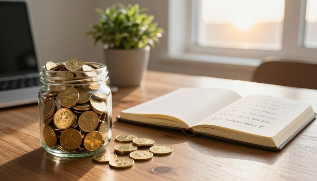 A serene workspace filled with elements representing wealth and abundance. In the foreground, a beautiful crystal clear glass jar overflowing with vibrant golden coins, symbolizing prosperity. The middle ground features a neatly arranged desk with a polished wooden surface, a potted green plant symbolizing growth, and an open journal filled with neatly written positive affirmations. A soft light illuminates the workspace, creating a warm and inviting atmosphere. In the background, a window overlooks a bright sunrise, casting gentle rays that hint at new beginnings and opportunities. The overall mood is inspiring and motivational, encouraging feelings of abundance and joy. The scene is captured from a slightly elevated angle to provide a comprehensive view of this uplifting environment.