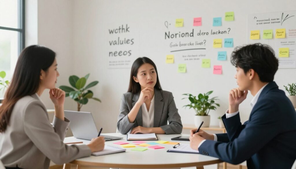 A serene workspace filled with light, symbolizing personal growth and affirmation. In the foreground, a diverse group of three individuals, dressed in professional business attire, sit around a round table, engaged in a collaborative discussion. Each person is thoughtfully expressing ideas and writing affirmations on colorful sticky notes. In the middle ground, motivational quotes and affirmations are subtly illustrated on the walls, blending with indoor plants that add life to the atmosphere. The background features a large window allowing soft, natural light to illuminate the scene. The mood is uplifting and focused, conveying a sense of harmony, support, and motivation as they align their affirmations with personal values and needs. A serene workspace filled with light, symbolizing personal growth and affirmation. In the foreground, a diverse group of three individuals, dressed in professional business attire, sit around a round table, engaged in a collaborative discussion. Each person is thoughtfully expressing ideas and writing affirmations on colorful sticky notes. In the middle ground, motivational quotes and affirmations are subtly illustrated on the walls, blending with indoor plants that add life to the atmosphere. The background features a large window allowing soft, natural light to illuminate the scene. The mood is uplifting and focused, conveying a sense of harmony, support, and motivation as they align their affirmations with personal values and needs.
