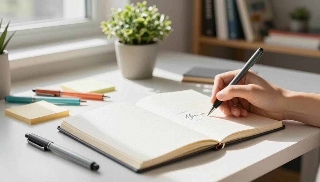 A serene workspace scene, focusing on a tidy desk with a notebook open to a blank page, surrounded by colorful pens and sticky notes. In the foreground, a hand poised over the notebook, writing affirmations in elegant handwriting. Soft natural light filters through a nearby window, casting gentle shadows and highlights, creating a calm and inspiring atmosphere. In the middle ground, a potted plant adds a touch of greenery, enhancing the feeling of growth and positivity. The background features a softly blurred shelf with motivational books and personal development items, suggesting an environment dedicated to self-improvement. The overall mood is encouraging and peaceful, ideal for the preparation of crafting personal affirmations. A serene workspace scene, focusing on a tidy desk with a notebook open to a blank page, surrounded by colorful pens and sticky notes. In the foreground, a hand poised over the notebook, writing affirmations in elegant handwriting. Soft natural light filters through a nearby window, casting gentle shadows and highlights, creating a calm and inspiring atmosphere. In the middle ground, a potted plant adds a touch of greenery, enhancing the feeling of growth and positivity. The background features a softly blurred shelf with motivational books and personal development items, suggesting an environment dedicated to self-improvement. The overall mood is encouraging and peaceful, ideal for the preparation of crafting personal affirmations.