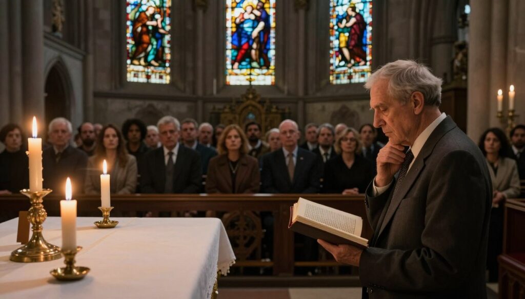 A serene yet foreboding depiction of a church interior, showcasing an ornate altar illuminated by flickering candles casting soft shadows. In the foreground, an elderly figure in modest, professional attire, portrays deep contemplation while holding an open book filled with prophetic writings. The middle layer reveals a congregation of solemn, diverse individuals, all dressed respectfully, reflecting a sense of unity amidst uncertainty. The background features stained glass windows depicting scenes of struggle and resilience, with muted colors enhancing the somber atmosphere. The lighting is warm but dim, creating an intimate yet solemn mood, emphasizing the theme of impending trials. Use a wide-angle lens perspective to capture the depth of the church space, inviting viewers into the profound emotional experience.