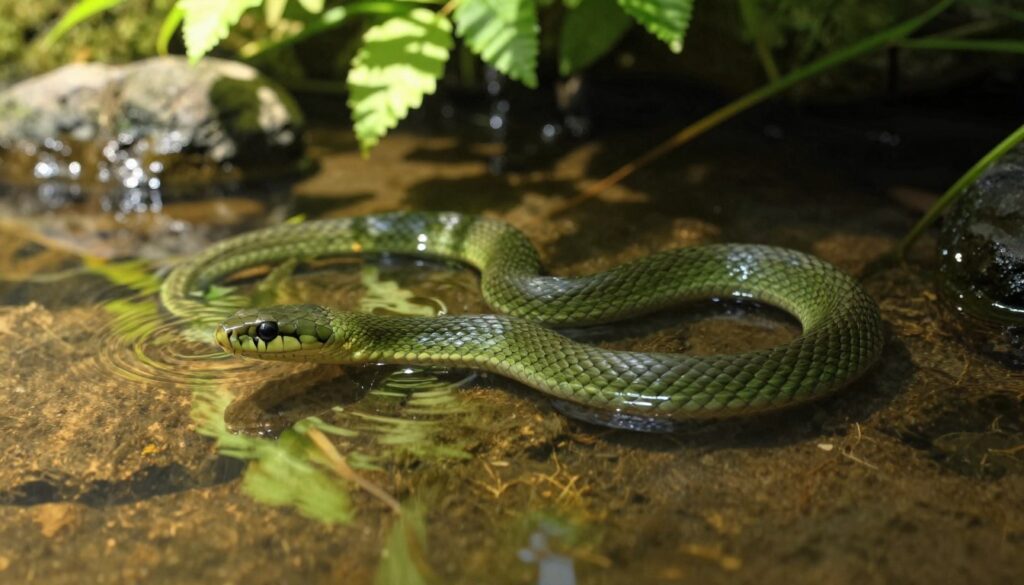 A sleek, green snake glides through clear, tranquil water, its sinuous body creating gentle ripples as it moves. In the foreground, the snake is detailed with intricate scales glistening in the soft, dappled sunlight filtering through overhanging leaves. The middle ground features submerged river rocks and a hint of aquatic plants, adding depth to the scene. In the background, lush greenery frames the serene water, enhancing the natural setting. The lighting is warm and inviting, producing a sense of calm intertwined with a subtle tension. The atmosphere is reflective and introspective, evoking emotions of fear and curiosity, perfect for illustrating the symbolic relationship between the snake and human feelings. Capture the scene from a slightly elevated angle, emphasizing the snake’s graceful movement in its watery habitat.