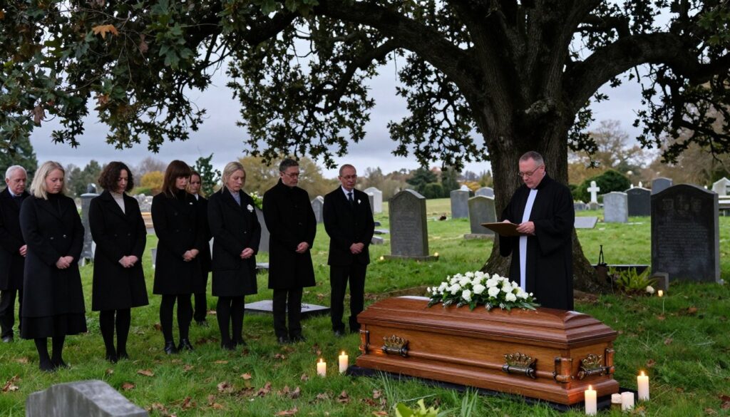 A solemn funeral scene set in a lush, green cemetery under a cloudy sky. In the foreground, a carefully arranged wooden casket, adorned with white flowers, rests beneath a sprawling oak tree. To the left, a group of attendees in modest, respectful black attire stand in quiet reflection, their expressions somber, embodying traditional mourning customs. The middle ground features a priest or officiant delivering a eulogy near the casket, surrounded by flickering candles that cast a soft, warm glow. In the background, delicately carved gravestones are partially obscured by overgrown grass, hinting at age-old superstitions tied to burial practices. The atmosphere is thick with introspection and reverence, illuminated by soft, diffused light that enhances the poignant mood of the ceremony.