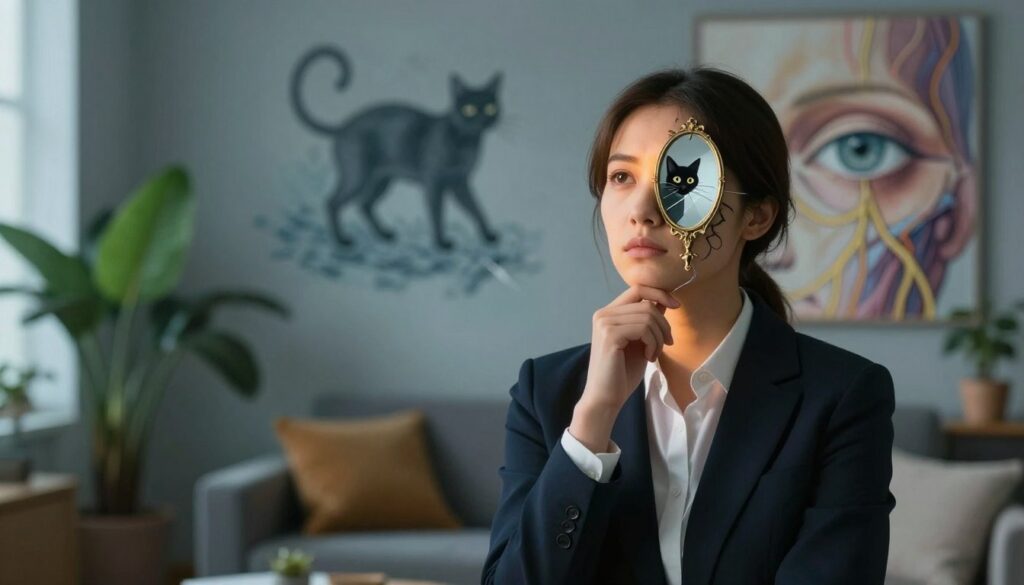 A split image depicting the dichotomy between superstition and genuine bodily signals. In the foreground, a thoughtful person in professional attire stands pondering, with one half of their face illuminated by warm, soft light symbolizing superstition, showcasing iconic symbols like a black cat and a broken mirror. The other half is illuminated by cooler, natural light, representing the real signals of the body, featuring an anatomical illustration highlighting the eye and nerves. In the middle ground, a tranquil room filled with plants and calming colors enhances the atmosphere, while the background shows an abstract blend of mystical and biological elements merging smoothly. The overall mood should be reflective, invoking curiosity and contemplation about distinguishing between myths and reality.