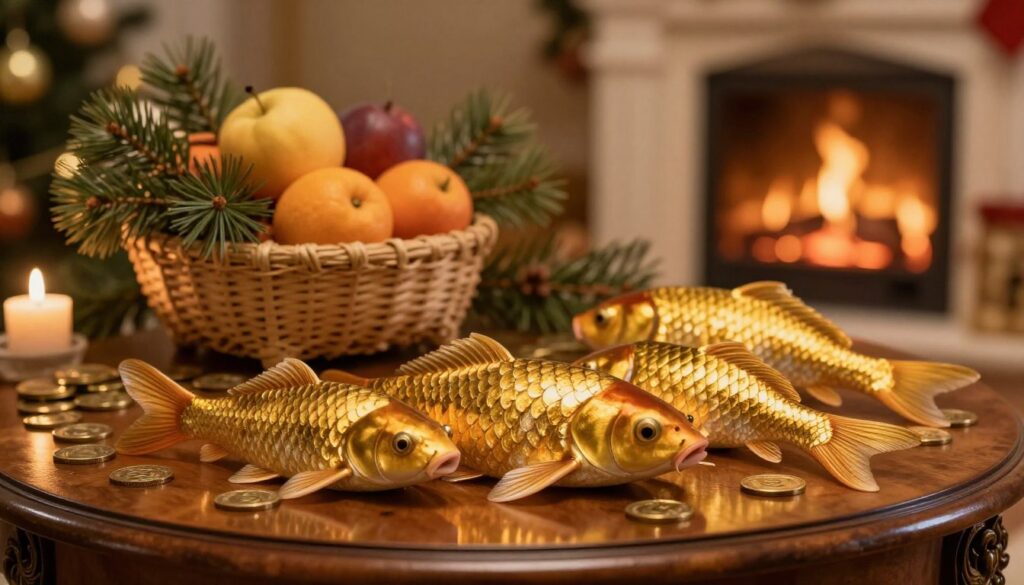 A still life featuring shimmering, golden carp scales delicately arranged on an ornate wooden table, reflecting the light like precious coins. The foreground showcases the intricate details of the scales, each one glistening in soft, warm lighting that emanates from a nearby candle. In the middle ground, a small pile of traditional, festive items such as a woven straw basket filled with fresh fruits and sprigs of pine, symbolizing abundance and prosperity. The background is softly blurred, featuring a cozy, glowing fireplace with subtle holiday decorations to create a warm and inviting atmosphere. The overall mood is one of wealth, abundance, and festive spirit, perfect for illustrating the theme of financial blessings in winter traditions. A still life featuring shimmering, golden carp scales delicately arranged on an ornate wooden table, reflecting the light like precious coins. The foreground showcases the intricate details of the scales, each one glistening in soft, warm lighting that emanates from a nearby candle. In the middle ground, a small pile of traditional, festive items such as a woven straw basket filled with fresh fruits and sprigs of pine, symbolizing abundance and prosperity. The background is softly blurred, featuring a cozy, glowing fireplace with subtle holiday decorations to create a warm and inviting atmosphere. The overall mood is one of wealth, abundance, and festive spirit, perfect for illustrating the theme of financial blessings in winter traditions.