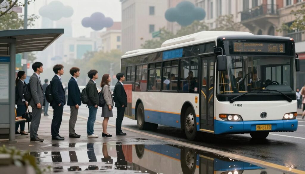 A surreal depiction of a city bus surrounded by dreamlike elements representing psychological interpretations of urban public transport. In the foreground, a city bus, detailed with vibrant colors, is parked at a bus stop, adjacent to a reflective puddle that captures the bus’s image. In the middle, a diverse group of people, dressed in professional business attire, are either eagerly waiting for the bus or appearing anxious about missing it. The background features a softly blurred urban landscape, with abstract shapes hinting at a dream state—fading buildings and floating clouds. The mood is contemplative yet dynamic, with soft, ethereal lighting that creates a sense of ambiguity and introspection. The angle is slightly low, emphasizing the bus and its passengers, inviting viewers to ponder the meanings behind their commute experiences.