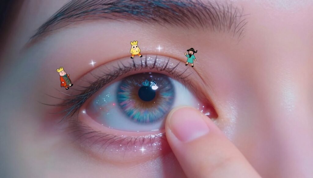 A surreal depiction of a left eye intensely itching, showcasing vivid and exaggerated features. The foreground highlights a close-up of the eye, with a delicate finger gently scratching an ethereal, sparkling surface, symbolizing the sensation of itchiness. The middle ground displays whimsical representations of popular cultural symbols related to eye superstitions, such as small cartoonish figures embodying fortune and misfortune. The background features a dreamy blend of pastel colors, enhancing the mystique of the scene, with soft, glowing lighting to create an enchanting atmosphere. The perspective should be slightly tilted, adding to the surreal quality, while mood lighting conveys a playful yet curious tale about eye trends in pop culture. No text or overlays are included.