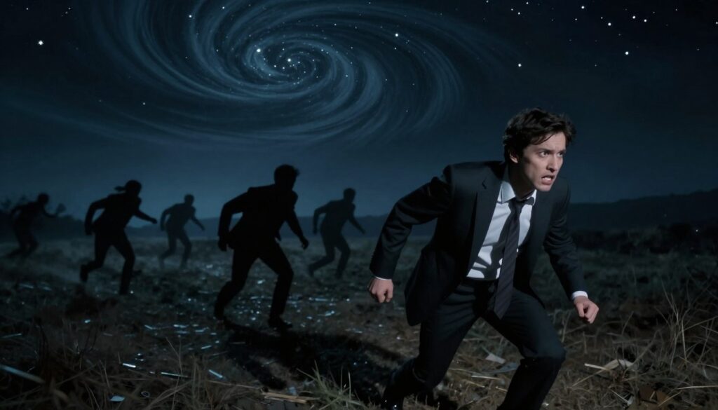 A surreal dreamscape depicting the psychological underpinnings of aggression in dreams. In the foreground, an abstract representation of a confrontational man dressed in professional attire, his expression intense and focused, symbolizes the threat perceived in dreams. The middle ground features shadowy figures representing anxiety and fear, creating a sense of chase and struggle. The background fades into a dark, swirling night sky, dotted with stars that illuminate the chaos below, emphasizing a dreamlike atmosphere. Soft lighting enhances the tension, casting eerie shadows across the landscape. Use a wide-angle lens to capture the expanse of the dream environment, evoking feelings of unease and introspection about the nature of aggression in our subconscious. A surreal dreamscape depicting the psychological underpinnings of aggression in dreams. In the foreground, an abstract representation of a confrontational man dressed in professional attire, his expression intense and focused, symbolizes the threat perceived in dreams. The middle ground features shadowy figures representing anxiety and fear, creating a sense of chase and struggle. The background fades into a dark, swirling night sky, dotted with stars that illuminate the chaos below, emphasizing a dreamlike atmosphere. Soft lighting enhances the tension, casting eerie shadows across the landscape. Use a wide-angle lens to capture the expanse of the dream environment, evoking feelings of unease and introspection about the nature of aggression in our subconscious.