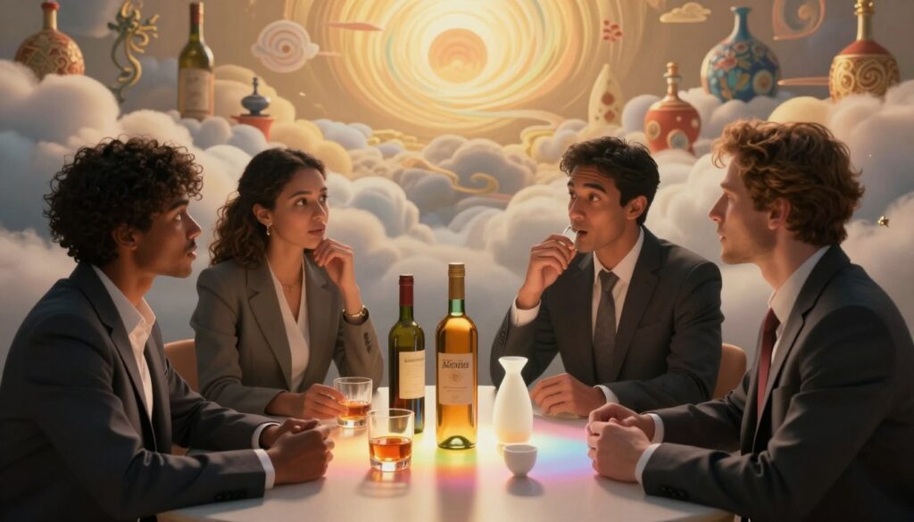A surreal illustration depicting the cultural differences in interpreting dreams of alcohol. In the foreground, a diverse group of four individuals, dressed in professional business attire, are engaged in animated discussions, each representing a different culture. In the middle, an abstract table is set with various alcohol bottles, symbolizing interpretations: a wine bottle, a whiskey glass, and a traditional sake cup, all radiating soft, colorful lights. In the background, a dreamlike landscape of swirling clouds and dream imagery, merging traditional symbols from various cultures. The lighting is warm and inviting, with a golden glow enveloping the scene, creating an atmosphere of curiosity and exploration. The angle is slightly elevated, offering a comprehensive view of both the people and the surreal dreamscape.
