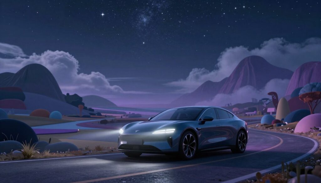 A surreal scene capturing the psychological essence of dreaming about cars. In the foreground, a sleek, modern car is shown parked under a starry night sky, its headlights softly illuminating a winding road. The middle ground features a dreamy landscape merging abstract shapes and colors, symbolizing the complexity of the subconscious. In the background, vague outlines of towering mountains and ethereal clouds create an otherworldly atmosphere. The lighting is soft and moody, with a blend of blues and purples enhancing the sense of mystery. The composition is viewed from a low angle, focusing on the car as a metaphor for control and journey. The overall mood is introspective and thought-provoking, evoking a sense of exploration into the psyche.