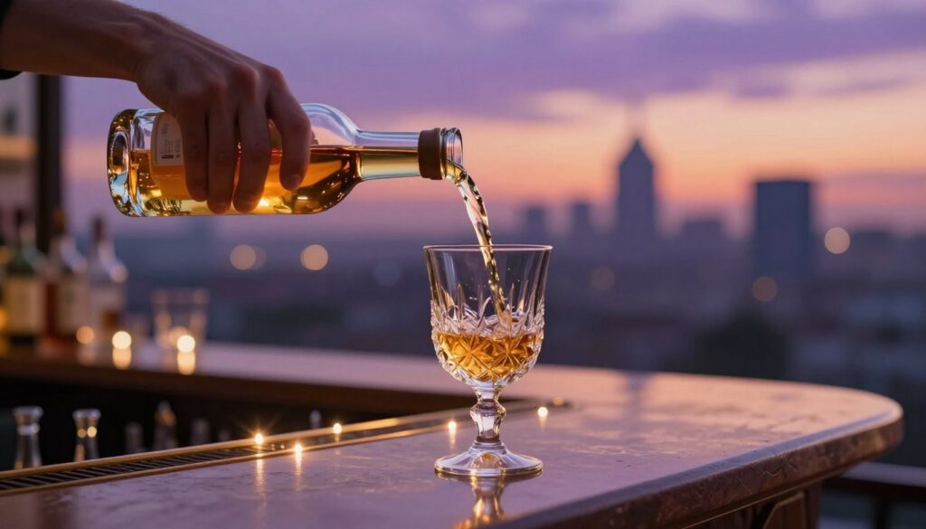 A surreal scene depicting the act of pouring alcohol in a dreamlike state. In the foreground, a hand gracefully holds a shimmering glass bottle, with golden liquid flowing smoothly into an elegant crystal glass. The middle ground features an ethereal bar counter, adorned with glimmering lights and soft reflections, creating a sense of warmth and nostalgia. The background reveals a softly blurred skyline of a city at twilight, with hues of purple and orange blending harmoniously. The lighting is soft and dreamy, casting gentle shadows and illuminating the glass bottle, enhancing its glassy texture. The overall mood is introspective and contemplative, inviting viewers to ponder the deeper meaning of alcohol in dreams.