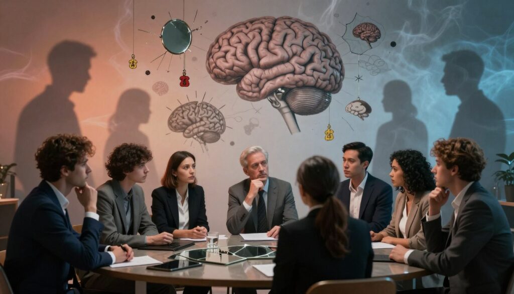 A surreal, thought-provoking representation of psychological mechanisms behind superstitions. In the foreground, a thoughtful, diverse group of individuals in professional attire engage in deep discussion, surrounded by symbolic elements like broken mirrors, lucky charms, and shadows of common superstitions looming behind them. The middle ground features an intricate collage of brain imagery and abstract thought patterns, visually connecting intuition and subconscious beliefs. The background showcases a gradient of warm and cool tones, with ethereal wisps of smoke representing uncertainty and ambiguity. Soft, diffused lighting creates a contemplative atmosphere, while a slight vignette draws focus towards the group. The overall mood is one of inquiry and exploration, inviting the viewer to ponder the unseen influences of superstition on human behavior. A surreal, thought-provoking representation of psychological mechanisms behind superstitions. In the foreground, a thoughtful, diverse group of individuals in professional attire engage in deep discussion, surrounded by symbolic elements like broken mirrors, lucky charms, and shadows of common superstitions looming behind them. The middle ground features an intricate collage of brain imagery and abstract thought patterns, visually connecting intuition and subconscious beliefs. The background showcases a gradient of warm and cool tones, with ethereal wisps of smoke representing uncertainty and ambiguity. Soft, diffused lighting creates a contemplative atmosphere, while a slight vignette draws focus towards the group. The overall mood is one of inquiry and exploration, inviting the viewer to ponder the unseen influences of superstition on human behavior.