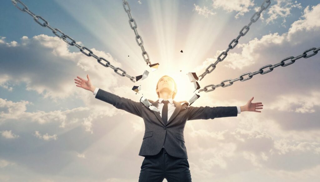 A symbolic representation of breaking limiting beliefs in the subconscious mind. In the foreground, a person dressed in professional business attire is shown with a focused expression, standing confidently with arms outstretched as if shattering invisible chains that symbolize old beliefs. In the middle ground, vibrant light bursts from the broken chains, illuminating their face and creating a sense of empowerment. The background is an abstract blend of soft clouds and bright, uplifting colors, subtly hinting at the landscape of the mind. Soft, radiant beams of light filter through, creating a serene yet motivational atmosphere. The scene is framed with a slight upward angle to emphasize growth and transformation, evoking feelings of hope and possibility. A symbolic representation of breaking limiting beliefs in the subconscious mind. In the foreground, a person dressed in professional business attire is shown with a focused expression, standing confidently with arms outstretched as if shattering invisible chains that symbolize old beliefs. In the middle ground, vibrant light bursts from the broken chains, illuminating their face and creating a sense of empowerment. The background is an abstract blend of soft clouds and bright, uplifting colors, subtly hinting at the landscape of the mind. Soft, radiant beams of light filter through, creating a serene yet motivational atmosphere. The scene is framed with a slight upward angle to emphasize growth and transformation, evoking feelings of hope and possibility.