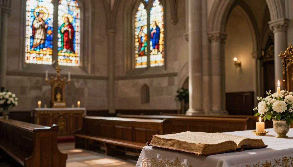 A tranquil interior of a traditional church, showcasing intricate stained glass windows that cast colorful light onto wooden pews below. In the foreground, a beautifully crafted altar adorned with candles and fresh white flowers invites contemplation. The middle ground features a well-worn Bible, partially open, symbolizing spiritual teachings and revelations. The background presents towering stone columns and softly illuminated arches, enhancing the sacred atmosphere. Soft golden light filters through the windows, creating a warm and inviting ambiance. A subtle sense of reverence permeates the scene, encouraging reflection and connection with the spiritual journey. The image captures the essence of spiritual journals and their significance, inviting viewers to ponder the deeper meanings within.