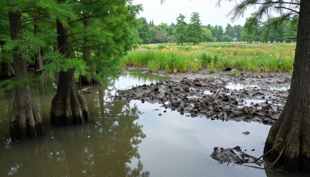 A tranquil landscape illustrating the differences between a swamp, mud, and wetlands. In the foreground, depict a serene swamp with lush, green vegetation, cypress trees with roots exposed, and soft, murky water reflecting the sky. In the middle ground, show a muddy area with thick, dark mud and small puddles, perhaps a footprint submerged partially. In the background, illustrate sprawling wetlands with an array of grasses and colorful wildflowers, creating a vibrant ecosystem. Use soft, diffused lighting to evoke a calm and peaceful atmosphere, with a low angle view to showcase the richness of colors and textures. The overall mood should feel harmonious and natural, inviting viewers to explore the beauty of these distinct yet interconnected habitats.