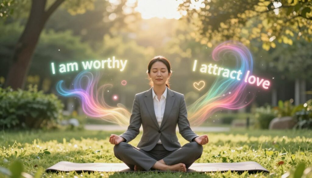 A tranquil scene illustrating the concept of visualization and affirmations for building self-confidence. In the foreground, a woman in professional business attire sits cross-legged on a yoga mat, eyes gently closed with a serene expression, surrounded by soft glowing light. In the middle ground, vibrant affirmations like "I am worthy" and "I attract love" float in the air, represented as colorful, ethereal wisps that swirl around her. The background features a peaceful nature setting with lush greenery, softly lit by golden sunlight filtering through trees, creating a calming atmosphere. The overall mood evokes harmony, empowerment, and positivity, capturing the essence of visualization in personal growth and self-acceptance.