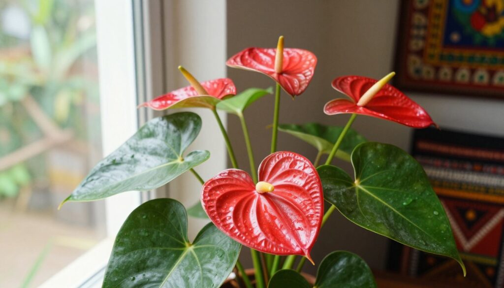 A vibrant and lush indoor scene featuring a stunning Anthurium plant with large, heart-shaped, glossy leaves and bright red, flame-like flowers. In the foreground, the Anthurium takes center stage, its vivid colors radiating energy and warmth. In the middle ground, soft, natural light filters through a window, casting gentle shadows and highlighting the plant's unique texture. The background includes hints of an exotic interior design, with culturally inspired decor that reflects the diverse significance of the Anthurium in various cultures. The atmosphere is serene yet enchanting, inviting a sense of tranquility and prosperity. Capture this scene from a slightly elevated angle to emphasize the beauty and elegance of the plant, ensuring a clean, professional aesthetic without any text or distractions.