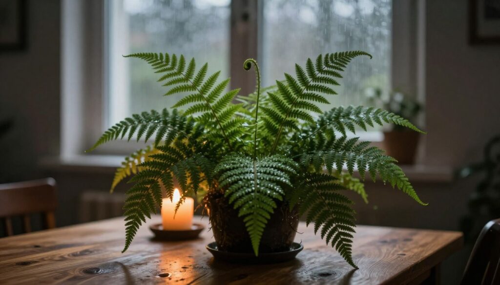 A vibrant green "paproć" (fern) plant in a cozy home setting, positioned prominently in the foreground on a wooden table. Its delicate, feathery leaves spread outward, glistening slightly as if freshly watered. In the middle, soft, warm candlelight casts gentle shadows, creating an intimate atmosphere. In the background, a softly blurred window reveals a rainy day outside, enhancing the feeling of snugness indoors. The overall mood is slightly mysterious and contemplative, hinting at the folklore surrounding ferns and superstition. The lighting is soft and diffused, as if filtered through cloudy skies. The composition is captured from a low angle, focusing on the lushness of the plant while suggesting hidden stories behind its presence.