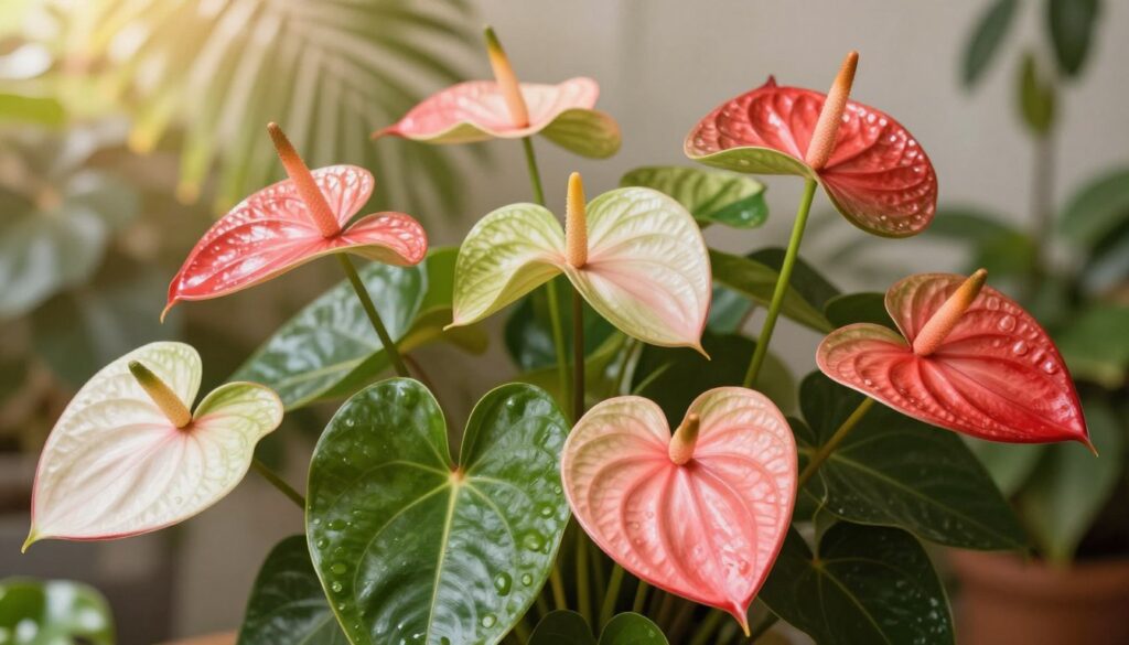 A vibrant still life composition featuring various colors of Anthurium flowers, prominently displaying their rich, glossy textures. In the foreground, arrange several Anthurium blossoms in shades of red, pink, white, and green, each uniquely shaped and showcasing their heart-like forms. The middle ground includes delicate green leaves, adding depth and richness to the scene. In the background, softly blurred tropical foliage hints at their natural habitat, bathed in warm, diffused sunlight to create a calming atmosphere. Use a shallow depth of field to focus on the striking colors of the flowers while maintaining a harmonious and peaceful mood. The overall lighting should evoke a serene and inviting environment, ideal for a home setting.