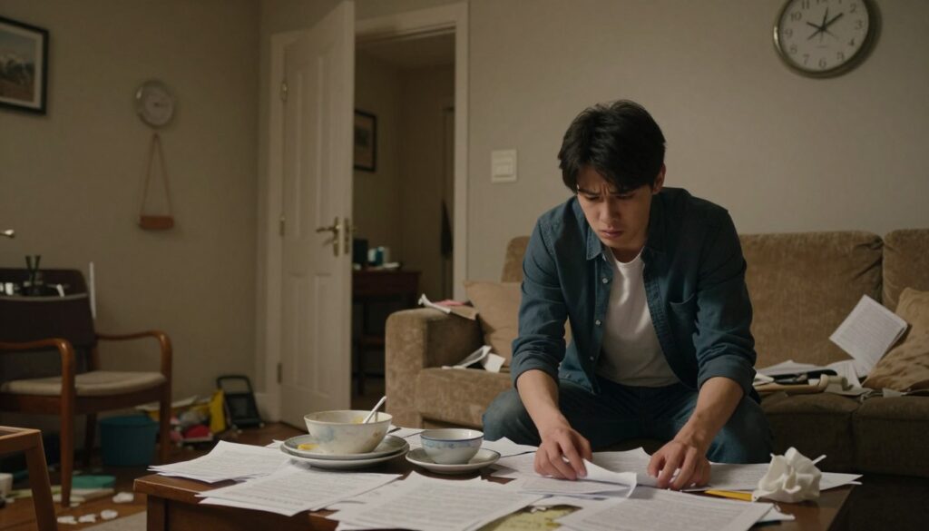 A vivid dreamscape depicting "taki sen" manifesting in a cluttered living room, filled with scattered papers, unwashed dishes, and mismatched furniture symbolizing chaos. In the foreground, a young adult with a concerned expression is tidying up, dressed in smart casual attire, emphasizing their worry about unexpected guests. The middle layer features an inviting door slightly ajar, hinting at approaching visitors, while a clock on the wall subtly represents the pressure of time. The background shows dim, warm lighting that conveys a cozy yet chaotic atmosphere, with a hint of uncertainty. The overall mood evokes feelings of anxiety and the fear of judgment, capturing the essence of stress about social interactions in a disordered space.