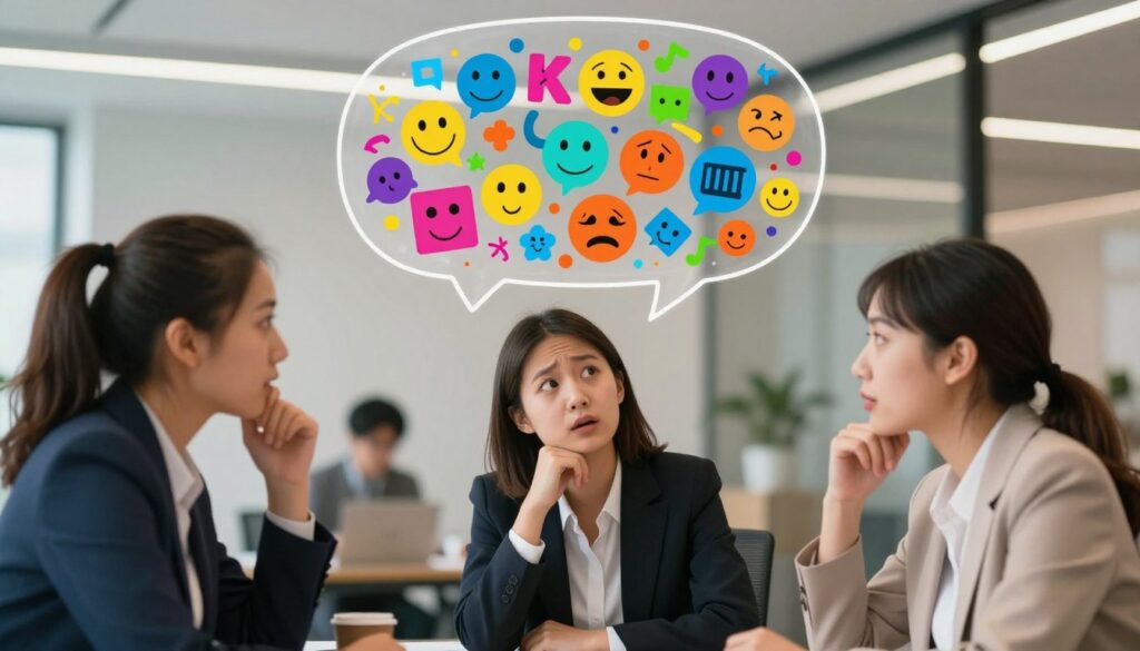 A vivid illustration depicting the influence of language on emotions and decision-making. In the foreground, a diverse group of three professionals, a man and two women, are engaged in a deep conversation, each dressed in professional business attire. Their expressions reflect a range of emotions, from contemplation to excitement, emphasizing the power of words. In the middle ground, a large, transparent speech bubble filled with colorful, abstract symbols representing different emotions and ideas floats above them, showcasing the words' dynamic impact. The background features a modern office setting with soft, diffused lighting, adding warmth to the scene. A subtle blur effect on the background highlights the discussion, creating a focused yet harmonious atmosphere that captures the essence of communication's power in shaping our emotions and choices. A vivid illustration depicting the influence of language on emotions and decision-making. In the foreground, a diverse group of three professionals, a man and two women, are engaged in a deep conversation, each dressed in professional business attire. Their expressions reflect a range of emotions, from contemplation to excitement, emphasizing the power of words. In the middle ground, a large, transparent speech bubble filled with colorful, abstract symbols representing different emotions and ideas floats above them, showcasing the words' dynamic impact. The background features a modern office setting with soft, diffused lighting, adding warmth to the scene. A subtle blur effect on the background highlights the discussion, creating a focused yet harmonious atmosphere that captures the essence of communication's power in shaping our emotions and choices.