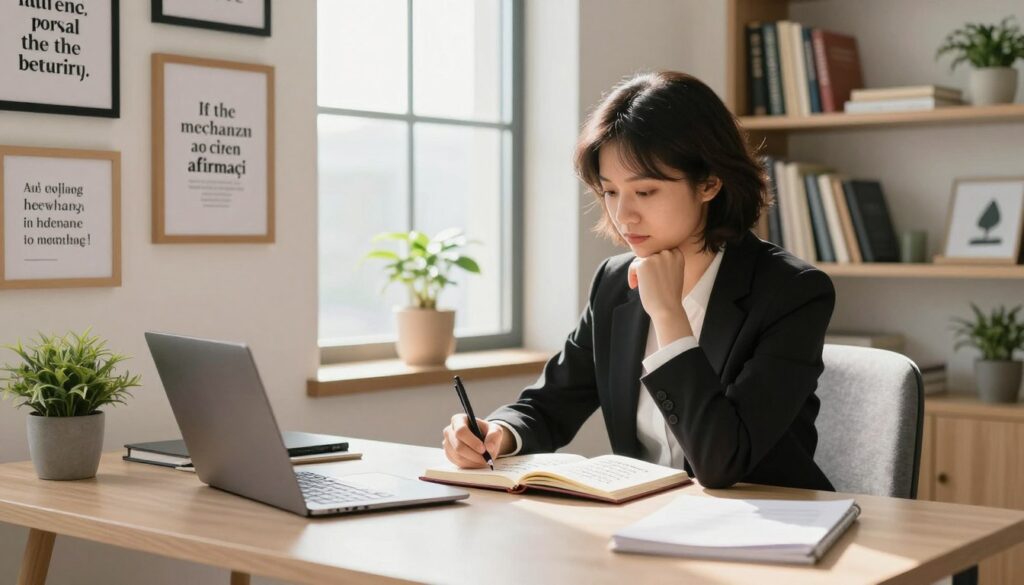 A vivid illustration of the "mechanizm afirmacji" showcasing a serene and inspiring workspace. In the foreground, a modern desk with a laptop open, surrounded by motivational quotes framed on the wall, depicting positive affirmations. In the middle ground, a person dressed in professional attire, deep in thought, writing in a journal filled with positive statements. Soft, natural lighting cascades through a large window, highlighting the comfortable chair and potted plants that add a touch of tranquility. In the background, a bookshelf filled with self-improvement books suggests a wealth of knowledge. The overall mood is uplifting and focused, promoting the essence of positive beliefs and self-affirmation, creating an inviting atmosphere for personal growth.