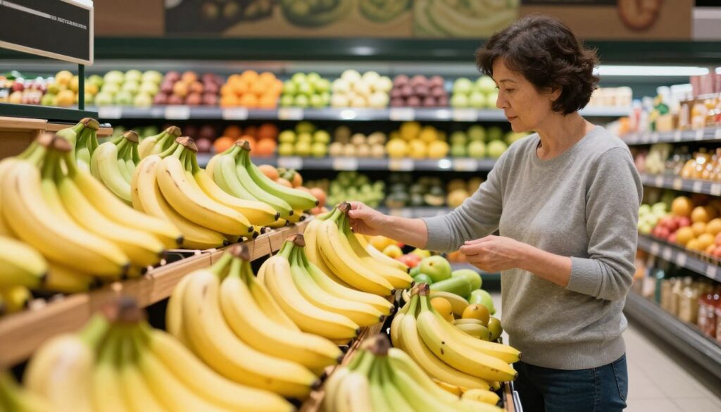 A well-organized supermarket produce section, focusing on a shopper, a middle-aged person in casual attire, carefully selecting ripe bananas. The foreground features a vibrant display of yellow bananas, some with scattered light green ones, arranged neatly in a wooden crate. In the middle ground, shelves filled with various fruits create a colorful background, with a bright, inviting atmosphere. Soft, natural lighting from overhead fixtures casts gentle shadows, enhancing the freshness of the produce. The shopper’s expression reflects a thoughtful decision-making process, symbolizing strategic purchasing. The camera angle is slightly low to emphasize the bananas and create depth, immersing viewers in the fruit-buying experience. A well-organized supermarket produce section, focusing on a shopper, a middle-aged person in casual attire, carefully selecting ripe bananas. The foreground features a vibrant display of yellow bananas, some with scattered light green ones, arranged neatly in a wooden crate. In the middle ground, shelves filled with various fruits create a colorful background, with a bright, inviting atmosphere. Soft, natural lighting from overhead fixtures casts gentle shadows, enhancing the freshness of the produce. The shopper’s expression reflects a thoughtful decision-making process, symbolizing strategic purchasing. The camera angle is slightly low to emphasize the bananas and create depth, immersing viewers in the fruit-buying experience.