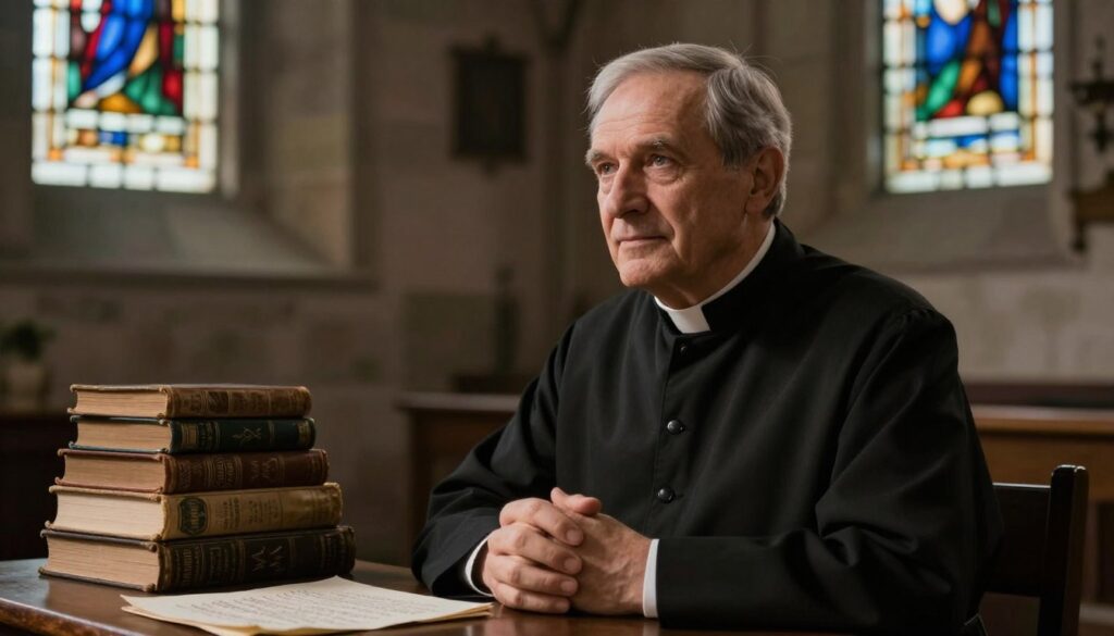 A wise and compassionate man, Czesław Andrzej Klimuszko, depicted as a middle-aged priest with gentle features, soft gray hair, and wearing a classic clerical collar under a simple, dark robe. In the foreground, he is seated, hands clasped thoughtfully, his face reflecting serenity and insight. The middle ground features a stack of ancient books and handwritten notes, symbolizing his deep knowledge and prophetic visions. The background contains a softly lit, rustic church interior with stained glass windows casting colorful patterns on the stone walls, enhancing the tranquil and contemplative atmosphere. The lighting is warm and inviting, illuminating his figure with a gentle glow, suggesting wisdom and hope for the future. The image captures the essence of a spiritual guide connected to Poland's destiny, inviting reflection. A wise and compassionate man, Czesław Andrzej Klimuszko, depicted as a middle-aged priest with gentle features, soft gray hair, and wearing a classic clerical collar under a simple, dark robe. In the foreground, he is seated, hands clasped thoughtfully, his face reflecting serenity and insight. The middle ground features a stack of ancient books and handwritten notes, symbolizing his deep knowledge and prophetic visions. The background contains a softly lit, rustic church interior with stained glass windows casting colorful patterns on the stone walls, enhancing the tranquil and contemplative atmosphere. The lighting is warm and inviting, illuminating his figure with a gentle glow, suggesting wisdom and hope for the future. The image captures the essence of a spiritual guide connected to Poland's destiny, inviting reflection.