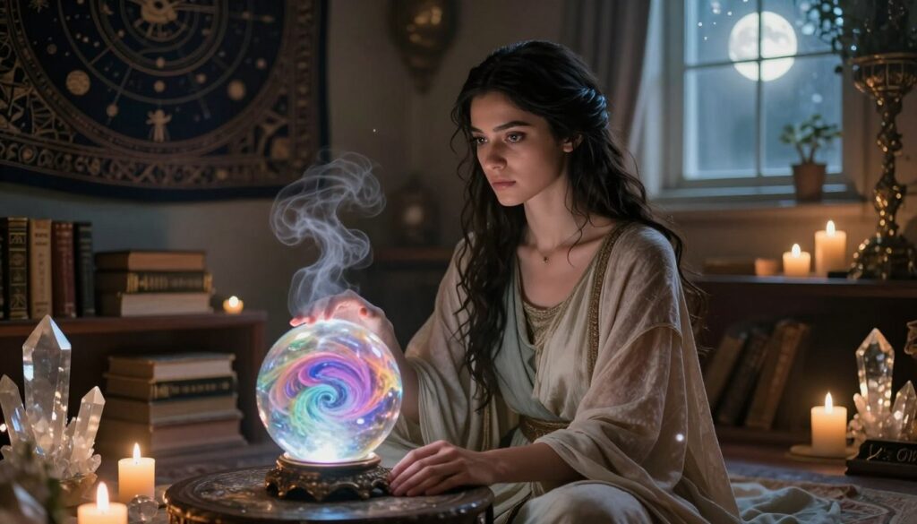 Aida, a mystical visionary, sits gracefully in a serene, dimly lit room adorned with ethereal crystals and candles casting a warm glow. In the foreground, she is depicted in modest, flowing attire that reflects a blend of ancient and modern styles, her deep-set eyes radiating wisdom and compassion. A crystal ball rests on a nearby table, softly illuminated, revealing swirling, colorful mists that hint at future possibilities. The middle ground features shelves filled with ancient books and a tapestry depicting celestial signs, enhancing the atmosphere of spiritual insight. The background showcases a window, through which soft moonlight filters in, creating an enchanting, otherworldly ambiance. The overall mood is tranquil yet filled with a sense of wonder, inviting viewers to explore the mysteries of the future.