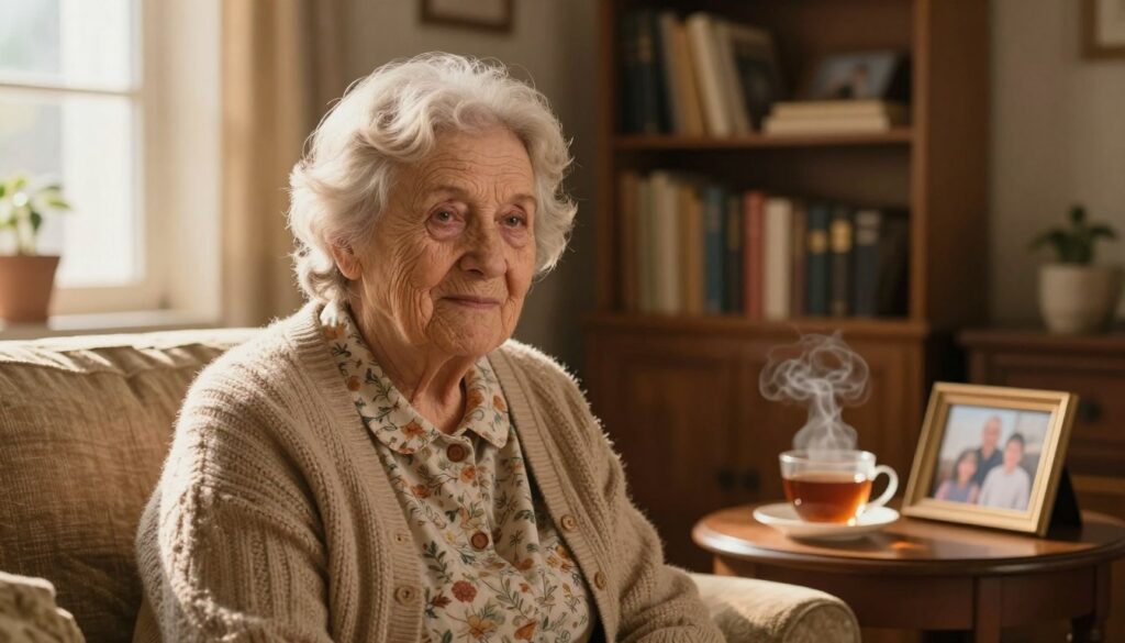 An elderly woman, depicted as a kind and wise grandmother, sits in a cozy, warmly lit living room. The foreground features her soft, gentle face with deep, loving wrinkles that tell stories of the past. She wears a modest, floral-patterned dress with a knitted cardigan, exuding warmth. In the middle ground, there is a small table with a steaming cup of tea and a few family photos, symbolizing cherished memories. The background showcases a bookshelf filled with treasured books and a window letting in soft, golden sunlight, casting a serene glow. The atmosphere is nostalgic and emotive, inviting a sense of comfort and connection, embodying the emotional depth of dreams about grandmothers. An elderly woman, depicted as a kind and wise grandmother, sits in a cozy, warmly lit living room. The foreground features her soft, gentle face with deep, loving wrinkles that tell stories of the past. She wears a modest, floral-patterned dress with a knitted cardigan, exuding warmth. In the middle ground, there is a small table with a steaming cup of tea and a few family photos, symbolizing cherished memories. The background showcases a bookshelf filled with treasured books and a window letting in soft, golden sunlight, casting a serene glow. The atmosphere is nostalgic and emotive, inviting a sense of comfort and connection, embodying the emotional depth of dreams about grandmothers.