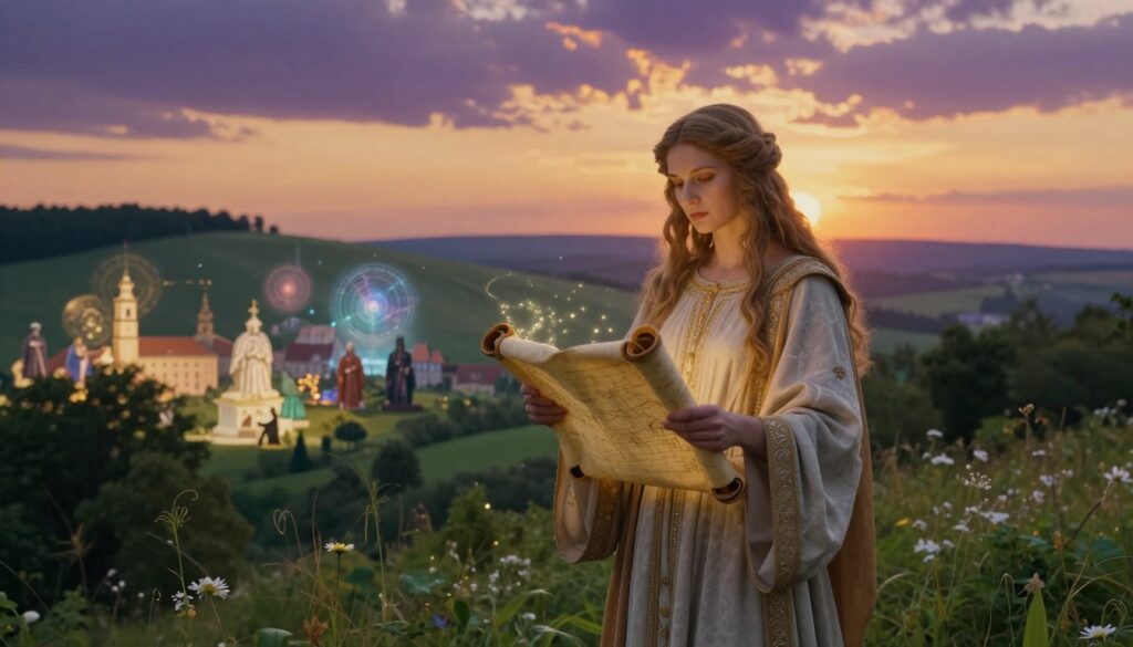 An ethereal depiction of the Sybilla, a mystical figure in flowing, ornate robes, standing in a lush, verdant landscape symbolizing Poland's history. In the foreground, she holds an ancient scroll, her intentions focused and wise, surrounded by wisps of glowing light that represent her prophetic visions. In the middle ground, visions of Poland's past and future materialize—a blend of historical figures, iconic landmarks, and ethereal celestial symbols, rendered with soft, dreamlike details. The background features rolling hills under a vibrant, sunset sky, casting warm hues of gold, orange, and deep purple, evoking a sense of hope and potential. The overall atmosphere is mystical and contemplative, inviting viewers to explore the enigmatic themes of prophecy and history without any text or distractions.