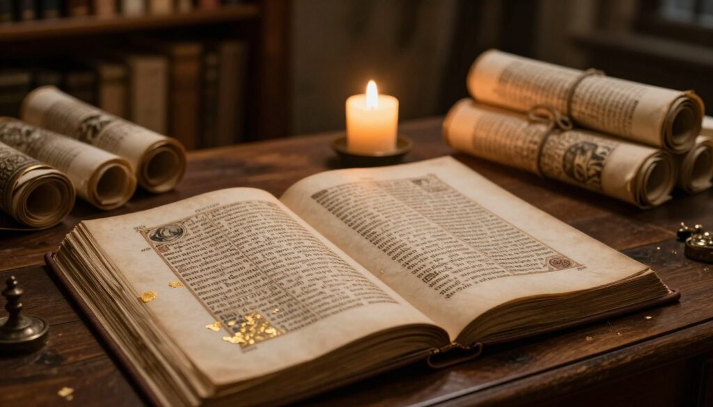 An exquisite, ancient manuscript sprawled open on a wooden table, revealing intricate calligraphy and ornate illustrations. The foreground features delicate pages adorned with gold leaf, each line rich with prophecy, hinting at visions for the future of Poland. In the middle ground, a softly glowing candle casts a warm light that dances across the surface, illuminating fine details and creating subtle shadows. In the background, ancient shelves lined with more manuscripts and scrolls create a scholarly atmosphere, evoking a sense of history and mystery. The scene is tinged with a moody ambiance, suggesting intrigue and deep contemplation. The overall composition feels serene and timeless, designed for an intimate exploration of historical texts, with soft, natural light reminiscent of a quiet study.